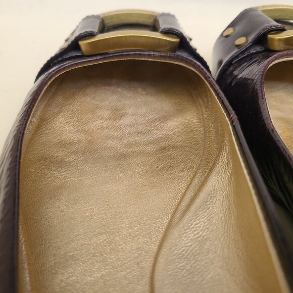 Jimmy Choo Dark Purple Patent Leather Ballet Flats EU 37.5 Gold Tone Buckle - Picture 12 of 16